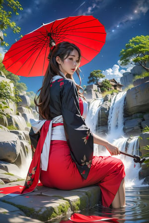 1girl, umbrella, cat, scenery, waterfall, water, outdoors, sitting, sky, oil-paper_umbrella, long_hair, grass, solo, cloud, tree, star_(sky), black_hair, red_umbrella, japanese_clothes, starry_sky, from_behind, building, watermark, kimono