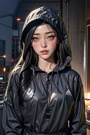 1girl, solo, rain, black_hair, yellow_eyes, hood, long_hair, looking_at_viewer, hood_up, upper_body, lips, wet, wet_hair, closed_mouth