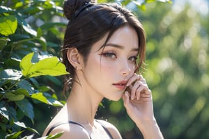 1girl, solo, blurry, leaf, looking_at_viewer, blurry_background, depth_of_field, red_lips, lips, black_hair, food, makeup, hair_bun, fruit, single_hair_bun, closed_mouth, realistic, bare_shoulders, brown_hair, plant, day, nose, sunlight, water_drop