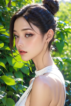 1 girl, solo, blur, leaves, looking at viewer, blurred background, depth of field, red lips, lips, black hair, food, makeup, bun, in glass, single bun, closed mouth, realistic, bare shoulders, brown hair, plants, daytime, nose, sunlight, water drops