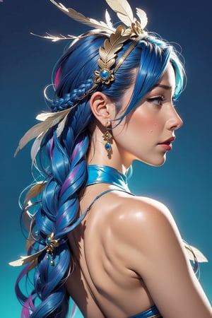 1girl, solo, headdress, long_hair, feathers, jewelry, blue_hair, gem, red_background, lips, hair_ornament, profile, braid, portrait, watermark, from_side, looking_away, feather_hair_ornament