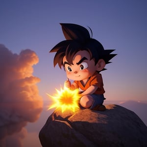 Generate an image featuring a cute Son Goku on a rock, emitting a compelling aura with thick smoke enveloping him. Strive for a Pixar-style rendering to enhance the visual appeal.