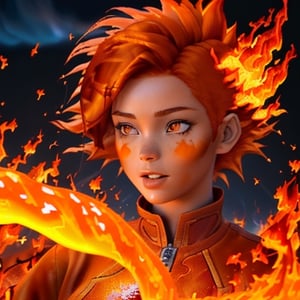 (best quality: 1.2), (masterpiece: 1.2), (realistic: 1.2), 1girl, ((fiery red and orange elemental hair made of liquid fire:1.5)), (wild fiery hair)), (glowing embers floating off hair), (mature fire bender), (volcano Island background), ((controlling swirling rings of (blue) psychedelic fire)), arcane floating runes, on eye level, scenic, masterpiece,insertNameHere