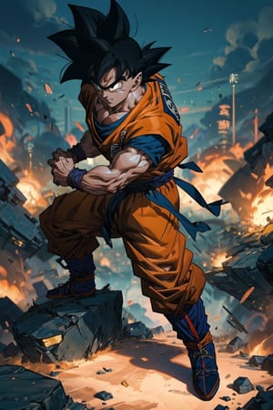 an 8k hyper-realistic illustration featuring Goku in a fierce battle, striking a dynamic pose reminiscent of Akira Toriyama's iconic style. Infuse vibrant colors with a warm color temperature and a determined expression on Goku's face. Apply dramatic lighting techniques for an intense atmosphere. Utilize Unreal Engine to achieve epic composition and employ cinematographic elements such as Ultra-Wide Angle and Depth of Field. Enhance the image with hyper-detailed and beautifully color-coded elements, ensuring an insanely detailed and intricate result.
