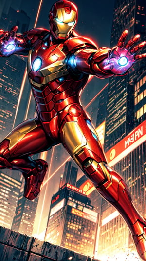 Iron Man, A sleek, futuristic exosuit adorned with crimson and gold accents. Its streamlined contours evoke sophistication and power, showcasing intricate engineering. The wearer stands amidst a bustling metropolis, towering skyscrapers reflecting on the suit's polished surface. Urban sounds meld with a faint hum of advanced technology. The atmosphere is dynamic, embodying a bustling city's vibrant energy. Mood: Bold determination pervades the air. Atmosphere: A mix of exhilaration and industrious vibrancy. Lighting: Neon signs cast a kaleidoscope of colors, their glow enhancing the suit's metallic gleam, while streetlights create dramatic shadows—immersing the scene in a captivating cyberpunk aura