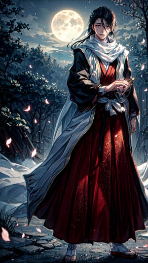 Byakuya Kuchiki in a moonlit cherry blossom garden, his stoic expression lit by the gentle moon glow, petals cascading like ethereal rain. Capturing the elegance of his flowing captain's cloak and intricate zanpakuto details. Scene: Enchanting moonlit garden, vibrant petals dancing in the air. Mood: Serene yet powerful. Atmosphere: Mystical, with a touch of melancholy. Lighting: Moonlight bathes Byakuya, casting soft shadows, enhancing the scene's ethereal beauty. 