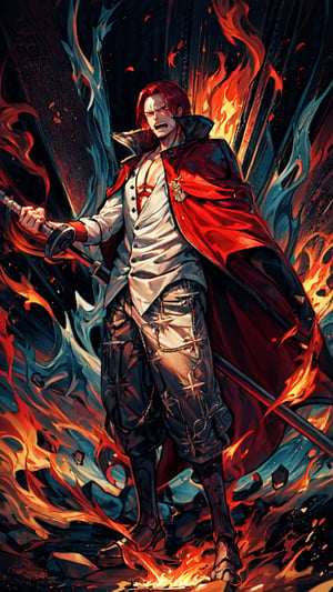 Shanks, a charismatic pirate captain from "One Piece," boasts a cascade of fiery red hair, symbolizing his bold spirit and adventurous legacy. Standing on the ship's deck, he exudes seasoned authority, scarlet locks dancing in the sea breeze. The scene unfolds on a weathered vessel amid rolling waves, capturing the essence of high-seas exploration. The mood is a blend of camaraderie and challenge, mirroring Shanks's legendary exploits. The atmosphere crackles with anticipation, reflecting the daring tales etched into Shanks's weathered visage. Lighting bathes the scene in warm hues, casting a cinematic glow that accentuates the vivid details of Shanks's iconic presence.