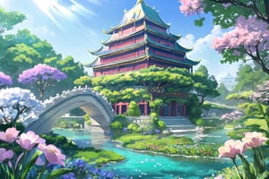 (extremely detailed CG unity 8k wallpaper),(((masterpiece))), (((best quality))), ((ultra-detailed)), (best illustration),(best shadow), ((an extremely delicate and beautiful)),dynamic angle,floating, fairyland,dynamic angle,sea of flowers,beautiful detailed garden,wind,classic,spring, (detailed light),feather, nature, (sunlight), river, forest,(((floating palace))),((the best building)),beautiful and delicate water,(painting),(sketch),(bloom),(shine)