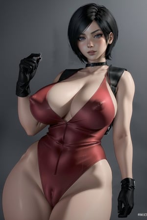 (realistic:1.5),ultra-detailed, masterpiece, highest quality,1 girl, beautiful,gigantic breasts,short hair, Ada wong,high quality, REO,Black hair, grey background,semi realistic,3d, fit,completely naked, erected nipples, blush curvy, vagina, black collar, black gloves, fit 