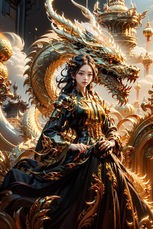 masterpiece, top quality, best quality, official art, beautiful and aesthetic:1.2), (1girl:1.3), chinese dragon, eastern dragon, golden line, (black theme:1.6), volumetric lighting, ultra-high quality, photorealistic, city background,3va,Circle