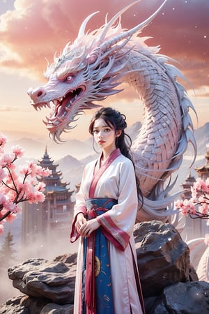 masterpiece, top quality, best quality, official art, beautiful and aesthetic:1.2), (1girl:1.3), , girl, blue hair, hanfu fashion, chinese dragon, eastern dragon, (pink theme:1.4), volumetric lighting, ultra-high quality, photorealistic, rock moutain background