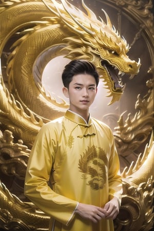 masterpiece, best quality, dragon_aodai_nam photo, photorealistic, aodai_nam, 1boy, man, upper body, ao dai, aodai, yellow aodai, chinese dragon, eastern dragon, yellow dragon, yellow theme, moutain background, volumetric lighting, ultra-high quality,dragon_aodai_nam