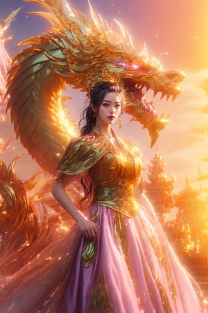 masterpiece, top quality, best quality, official art, beautiful and aesthetic:1.2), (1girl:1.3), chinese dragon, eastern dragon, golden line, (pink theme:1.4), volumetric lighting, ultra-high quality, photorealistic, city background, FFIXBG