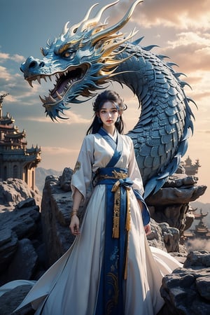 masterpiece, top quality, best quality, official art, beautiful and aesthetic:1.2), (1girl:1.3), , girl, blue hair, hanfu fashion, chinese dragon, eastern dragon, golden line, (blue theme:1.5), volumetric lighting, ultra-high quality, photorealistic, rock moutain background