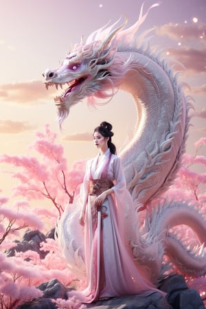 masterpiece, top quality, best quality, official art, beautiful and aesthetic:1.2), (1girl:1.3), , girl, pink hair, hanfu fashion, chinese dragon, eastern dragon, (pink theme:1.5), volumetric lighting, ultra-high quality, photorealistic, rock moutain background 