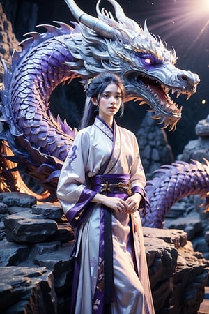 masterpiece, top quality, best quality, official art, beautiful and aesthetic:1.2), (1girl:1.3), , girl, blue hair, hanfu fashion, chinese dragon, eastern dragon, (purple theme:1.6), volumetric lighting, ultra-high quality, photorealistic, rock moutain background