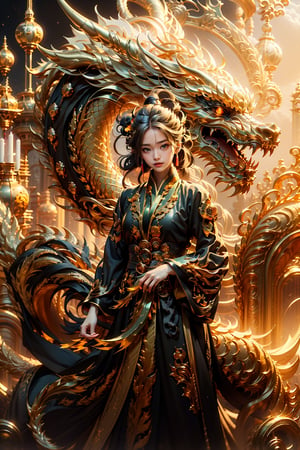 masterpiece, top quality, best quality, official art, beautiful and aesthetic:1.2), (1girl:1.3), chinese dragon, eastern dragon, golden line, (black theme:1.6), volumetric lighting, ultra-high quality, photorealistic, city background,3va,Circle