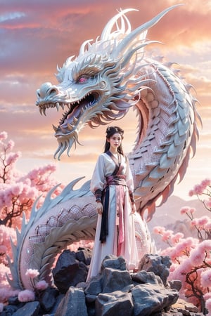 masterpiece, top quality, best quality, official art, beautiful and aesthetic:1.2), (1girl:1.3), , girl, pink hair, hanfu fashion, chinese dragon, eastern dragon, (pink theme:1.5), volumetric lighting, ultra-high quality, photorealistic, rock moutain background,chinatsumura