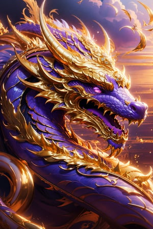 masterpiece, top quality, best quality, official art, beautiful and aesthetic:1.2), (1girl:1.3), chinese dragon, eastern dragon, golden line, (purple theme:1.6), volumetric lighting, ultra-high quality, photorealistic, sky background