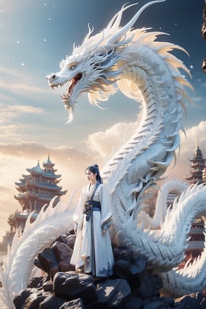 masterpiece, top quality, best quality, official art, beautiful and aesthetic:1.2), (1girl:1.3), , girl, blue hair, hanfu fashion, chinese dragon, eastern dragon, (white theme:1.5), volumetric lighting, ultra-high quality, photorealistic, rock moutain background,chinatsumura