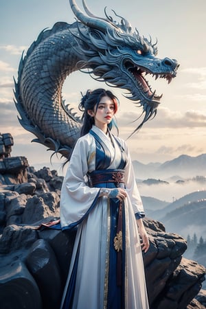 masterpiece, top quality, best quality, official art, beautiful and aesthetic:1.2), (1girl:1.3), , girl, blue hair, hanfu fashion, chinese dragon, eastern dragon, white theme, volumetric lighting, ultra-high quality, photorealistic, rock moutain background