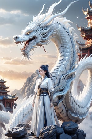 masterpiece, top quality, best quality, official art, beautiful and aesthetic:1.2), (1girl:1.3), , girl, blue hair, hanfu fashion, chinese dragon, eastern dragon, (white theme:1.5), volumetric lighting, ultra-high quality, photorealistic, rock moutain background