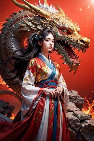 masterpiece, top quality, best quality, official art, beautiful and aesthetic:1.2), (1girl:1.3), , girl, blue hair, hanfu fashion, chinese dragon, eastern dragon, golden line, (red theme:1.6), volumetric lighting, ultra-high quality, photorealistic, rock moutain background