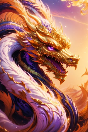 masterpiece, top quality, best quality, official art, beautiful and aesthetic:1.2), (1girl:1.3), chinese dragon, eastern dragon, golden line, (purple theme:1.6), volumetric lighting, ultra-high quality, photorealistic, sky background