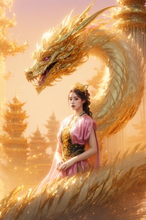 masterpiece, top quality, best quality, official art, beautiful and aesthetic:1.2), (1girl:1.3), chinese dragon, eastern dragon, golden line, (pink theme:1.4), volumetric lighting, ultra-high quality, photorealistic, city background, wrench_elven_arch