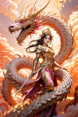 masterpiece, top quality, best quality, official art, beautiful and aesthetic:1.2), (1girl:1.3), chinese dragon, eastern dragon, golden line, (pink theme:1.4), volumetric lighting, ultra-high quality, photorealistic, sky background, daggers, 