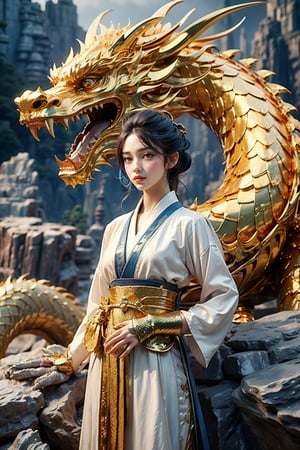 masterpiece, top quality, best quality, official art, beautiful and aesthetic:1.2), (1girl:1.3), , girl, blue hair, hanfu fashion, chinese dragon, eastern dragon, (golden theme:1.6), volumetric lighting, ultra-high quality, photorealistic, rock moutain background