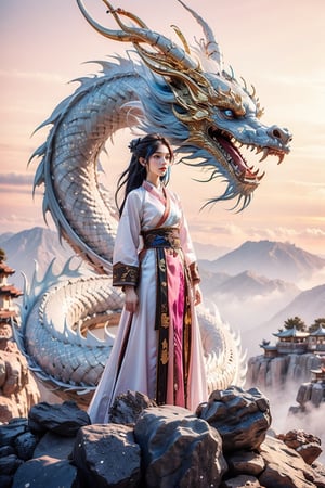 masterpiece, top quality, best quality, official art, beautiful and aesthetic:1.2), (1girl:1.3), , girl, blue hair, hanfu fashion, chinese dragon, eastern dragon, golden line, (pink theme:1.4), volumetric lighting, ultra-high quality, photorealistic, rock moutain background