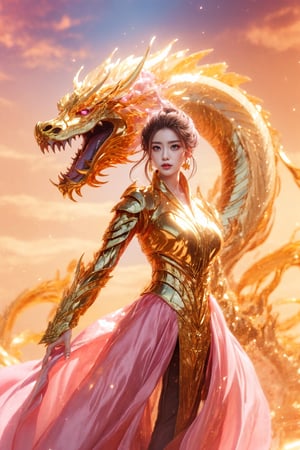 masterpiece, top quality, best quality, official art, beautiful and aesthetic:1.2), (1girl:1.3), chinese dragon, eastern dragon, golden line, (pink theme:1.4), volumetric lighting, ultra-high quality, photorealistic, sky background, daggers, ,Mecha body,DonMF41ryW1ng5