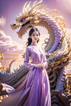 masterpiece, top quality, best quality, official art, beautiful and aesthetic:1.2), (1girl:1.3), aodai fashion, chinese dragon, eastern dragon, golden line, (purple theme:1.6), volumetric lighting, ultra-high quality, photorealistic, sky background,aodai
