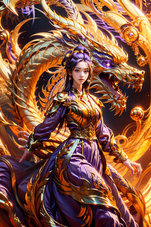 masterpiece, top quality, best quality, official art, beautiful and aesthetic:1.2), (1girl:1.3), chinese dragon, eastern dragon, golden line, (purple theme:1.6), volumetric lighting, ultra-high quality, photorealistic, sky background,3va,Circle