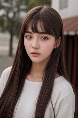 A 17 year girl, casual clothes, long hairs, detailed eyes, detailed face, detailed nose, detailed hairs, place south Korea,