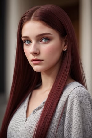 17 year old girl, casual dress, open red long hairs, detailed face, detailed nose, detailed eyes, detailed hairstyle, detailed everything, detailed dress, place Russia, 