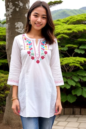 A 17 year old women, wearing Ada Hand Embroidered Straight Lucknow Chikankari Cotton Kurta Kurti, Slim Fit Cotton Jeans, Bata Women's June Sandal, front layer hairstyle, jeju island south korea place, realistic, real, detailed face, detailed hairstyle, detailed everything, 