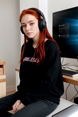 Clear skin, clear face, natural red hairs, casual black  clothes, sitting in front of computer, with headphones and mobile phones,