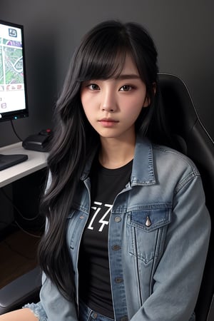 A 17 year girl, tight black tshirt, denim jacket, long hairs, detailed eyes, detailed face, detailed nose, detailed hairs, place south Korea, sitting on gaming chair, gaming room, controller in hand, 