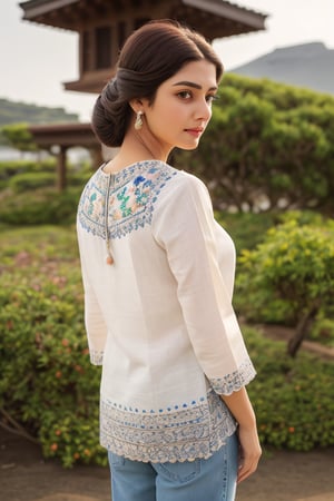 Standing in jeju island south korea, pose Looking back over shoulder, 17 year old girl, minimum fat, wearing black Ada Hand Embroidered Straight Lucknow Chikankari Cotton Kurta Kurti, Slim Fit Cotton Jeans, Bata Women's June Sandal, front layer hairstyle, realistic, real, detailed face, detailed nose, detailed eyes, detailed hairstyle, detailed everything