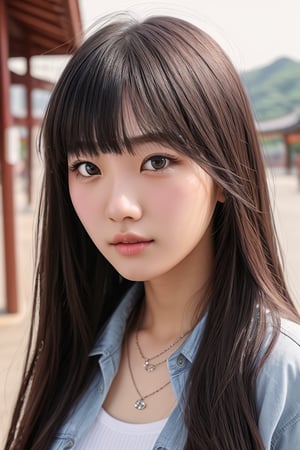 A 17 year girl, casual clothes, long hairs, detailed eyes, detailed face, detailed nose, detailed hairs, place south Korea