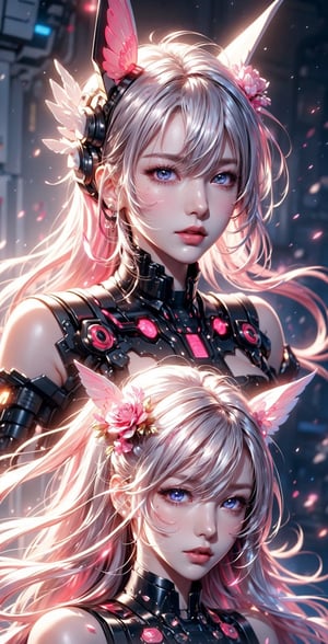 masterpiece, best quality, illustration, beautiful detailed eyes,colorful background,mechanical prosthesis,mecha coverage,emerging dark purple across with white hair,pig tails,disheveled hair,fluorescent purple,cool movement,rose red eyes,beatiful detailed cyberpunk city,multicolored hair,beautiful detailed glow,1 girl, expressionless,cold expression,insanity, long bangs,long hair, lace,dynamic composition, motion, ultra - detailed, incredibly detailed, a lot of details, amazing fine details and brush strokes, smooth, hd semirealistic anime cg concept art digital painting