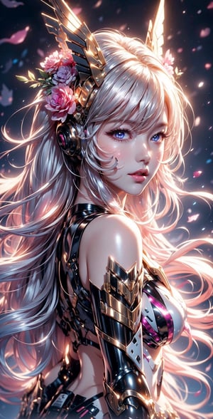 masterpiece, best quality, illustration, beautiful detailed eyes,colorful background,mechanical prosthesis,mecha coverage,emerging dark purple across with white hair,pig tails,disheveled hair,fluorescent purple,cool movement,rose red eyes,beatiful detailed cyberpunk city,multicolored hair,beautiful detailed glow,1 girl, expressionless,cold expression,insanity, long bangs,long hair, lace,dynamic composition, motion, ultra - detailed, incredibly detailed, a lot of details, amazing fine details and brush strokes, smooth, hd semirealistic anime cg concept art digital painting