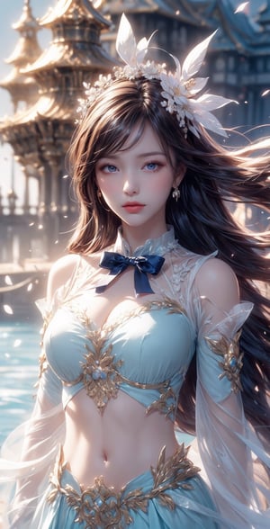 (((masterpiece))),best quality, illustration,(beautiful detailed girl),beautiful detailed glow,detailed ice,beautiful detailed water,(beautiful detailed eyes),expressionless,(floating palaces),azure hair,disheveled hair,long bangs, hairs between eyes,(skyblue dress),black ribbon,white bowties,midriff,{{{half closed eyes}}},big forhead,blank stare,flower,large top sleeves