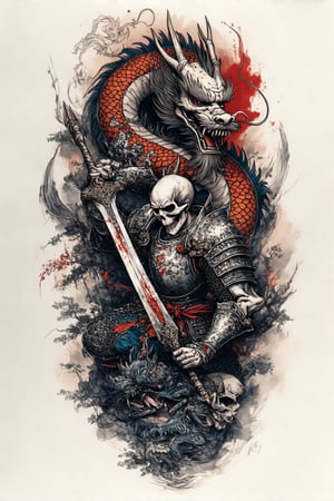 A colorized tattoo art style image of A skeleton knight wields a greatsword at viewer, with a dragon coiling around he. Demon Mask, heavy armor, The scene is vibrant with intricate details, set in a traditional Japanese tattoo style. The knight is depicted in a dynamic pose, with Bloodstained armor and delicate facial features. The dragon's scales are detailed, and its eyes are fierce. The composition is balanced, with the arrow and dragon complementing the knight's Murderous expression. The lighting is dramatic, highlighting the contrast between the knight's mighty and the dragon's power, (Skull background), perfect fingers,