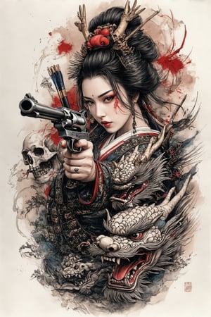 A colorized tattoo art style image of A female samurai hold revolver and aiming at viewer, with a dragon coiling around she, samurai helmet, Skull headdress show beautiful face, Long hair fluttering, open kimono show half body,  The scene is vibrant with intricate details, set in a traditional Japanese tattoo style. The knight is depicted in a dynamic pose, with Bloodstained armor and delicate facial features. The dragon's scales are detailed, and its eyes are fierce. The composition is balanced, with the arrow and dragon complementing the knight's Murderous expression. The lighting is dramatic, highlighting the contrast between the knight's mighty and the dragon's power, (Skull background), perfect fingers,