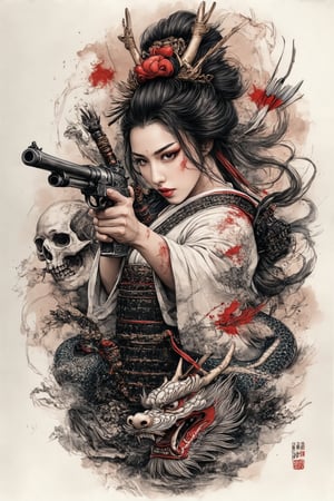 A colorized tattoo art style image of A female samurai hold Shotgun and aiming at viewer, with a dragon coiling around she, samurai helmet, Skull headdress show beautiful face, Long hair fluttering, open kimono show half body,  The scene is vibrant with intricate details, set in a traditional Japanese tattoo style. The knight is depicted in a dynamic pose, with Bloodstained armor and delicate facial features. The dragon's scales are detailed, and its eyes are fierce. The composition is balanced, with the arrow and dragon complementing the knight's Murderous expression. The lighting is dramatic, highlighting the contrast between the knight's mighty and the dragon's power, (Skull background), perfect fingers,