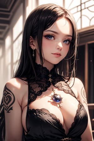 (masterpiece, best quality, 1lady, solo), (((dynamic pose))), detailed eyes, (wearing antique dress), oriental_fortune_teller, detailed dark fantasy, ((medium_large chest, white skin with black tatoo, looking_away, evil_smiling, upper_body:1.5)), gray_hair, messy_hair, luminous_eyes, midnight dark sky, perfecteyes,1 girl,