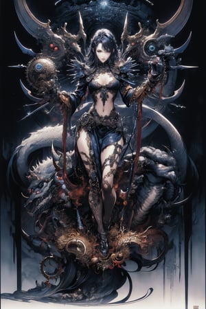 8k, (absurdres, highres, ultra detailed), (1lady), (the personification of monster), (Luis Royo), (Yoshitaka Amano), (dynamic angle, dynamic pose), (steampunk background),